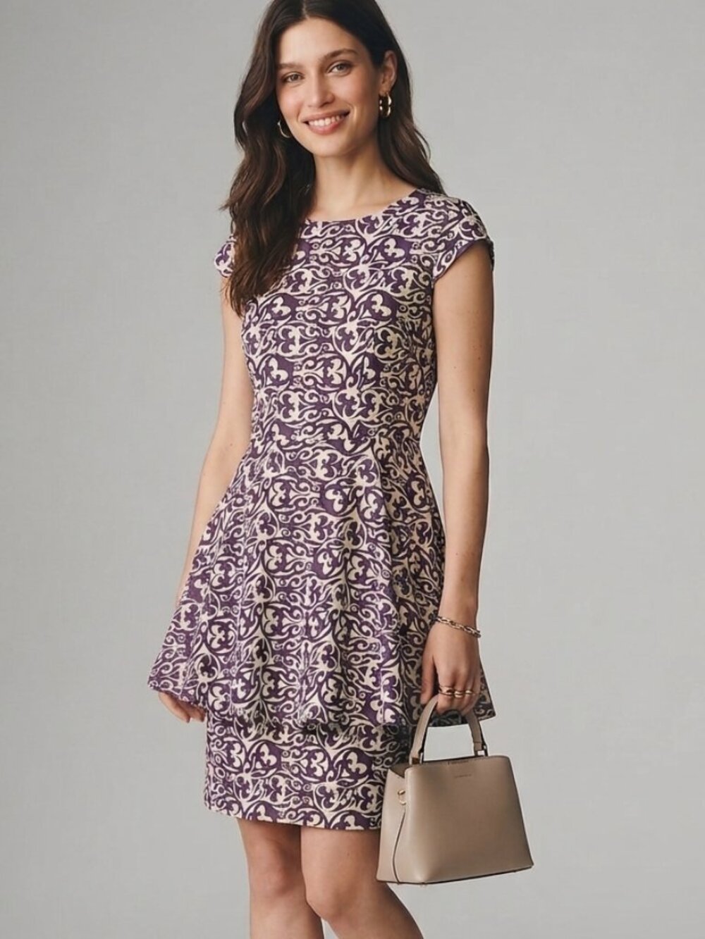NWOT Mata Traders Fair Trade Purple Damask Peplum Dress Size M